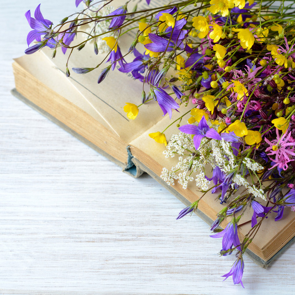 Old book with bouquet of meadow flowers, nostalgic vintage background - Foto, afbeelding