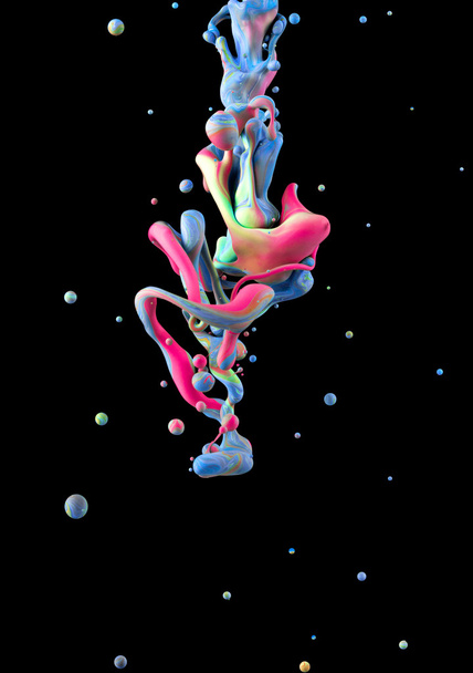 Makro shot płynnych kolorów mieszających się pod wodą tworząc ciekawe przypadkowe rzeźby płynne. Kolor tworzący ciekawą organiczną formę i kształt, odizolowany na czarnym tle. - Zdjęcie, obraz