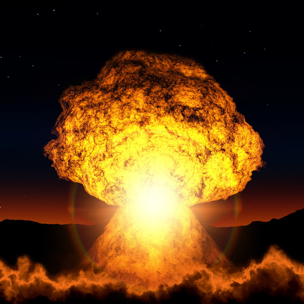 Φωτεινή έκρηξη της ατομικής βόμβας κατά τη διάρκεια της νύχτας. - Φωτογραφία, εικόνα