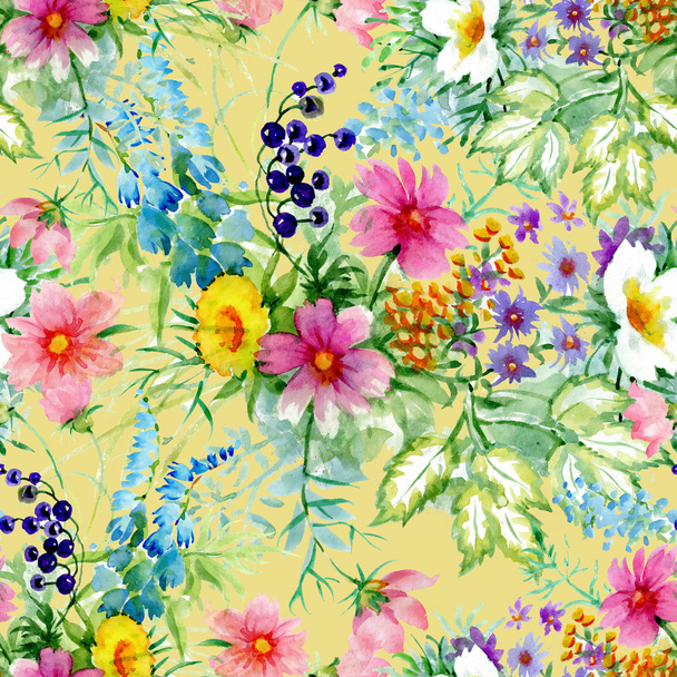 Wild berries and blooming flowers pattern - 写真・画像