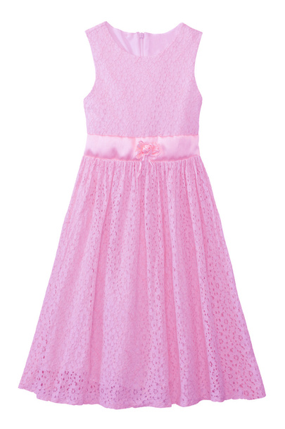 rosa vestido de encaje tono pastel para niña aislar en blanco con worki
 - Foto, Imagen