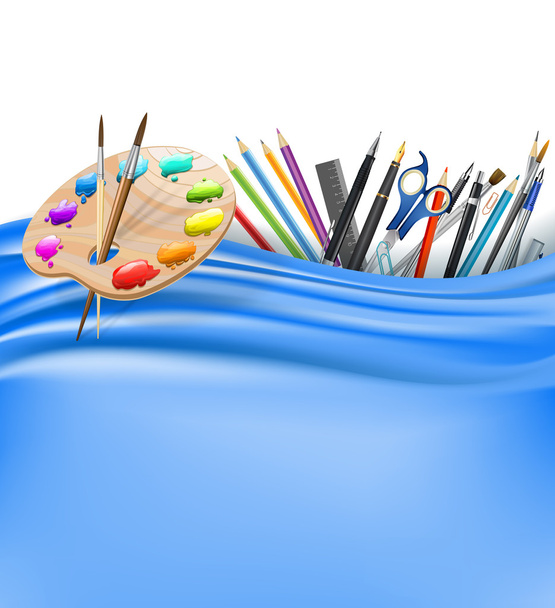 color palette and office supplies and blue silk background. vect - Διάνυσμα, εικόνα