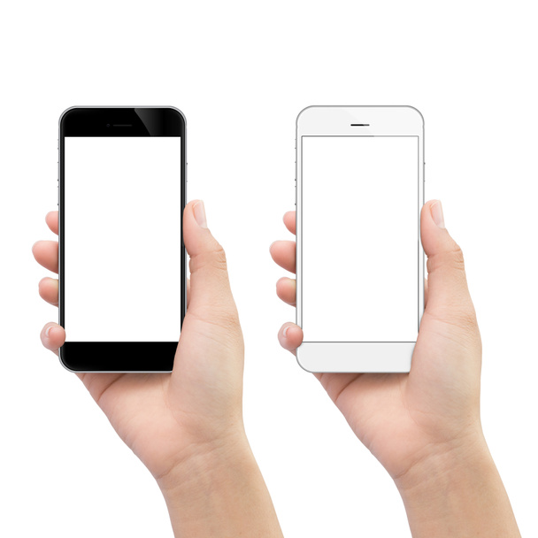 ręka trzyma telefon na białym tle na ścieżkę przycinającą biały wewnątrz - Zdjęcie, obraz