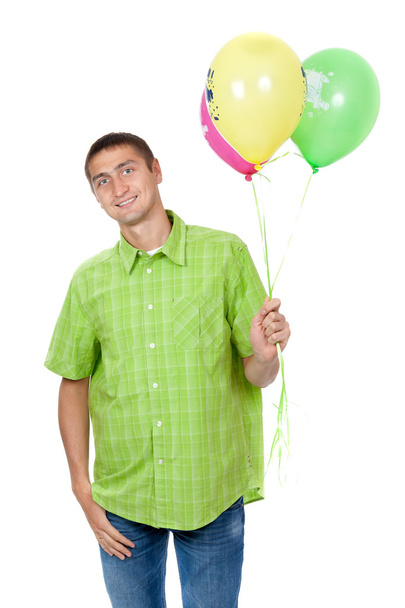 Щасливий літній чоловік з різнокольоровими повітряними кулями, що святкують його народження
 - Фото, зображення