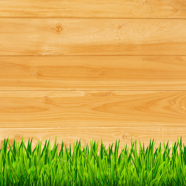 ξύλινες σανίδες με φόντο πράσινο γρασίδι - Διάνυσμα, εικόνα