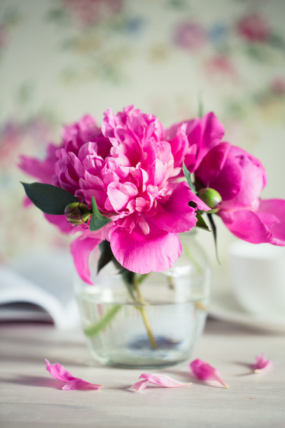 fresh bouquet of peonies in a glass jar on a white wooden table. book and a cup of tea - Foto, immagini