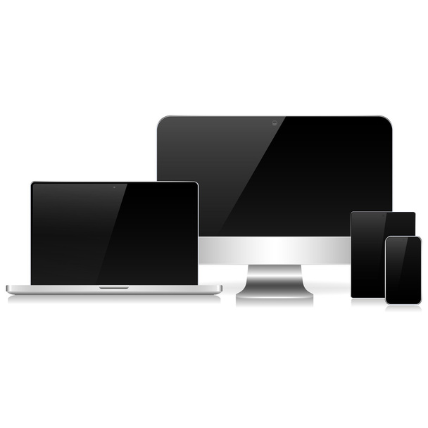 Φορητός υπολογιστής, υπολογιστής, τηλέφωνο και το tablet με σκιά σε λευκό φόντο - Διάνυσμα, εικόνα