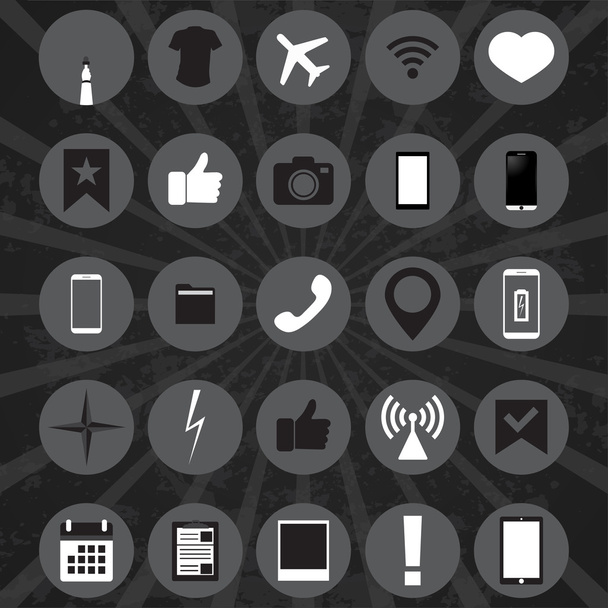 Set of 25 black and white icons on gray textural background - Διάνυσμα, εικόνα