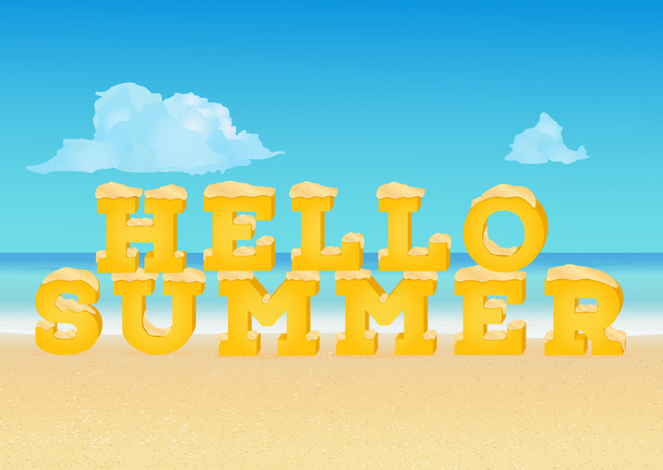 Hello spring inscription in 3d style isolated on on tropical beach. Typography phrase made of summer font - Вектор, зображення