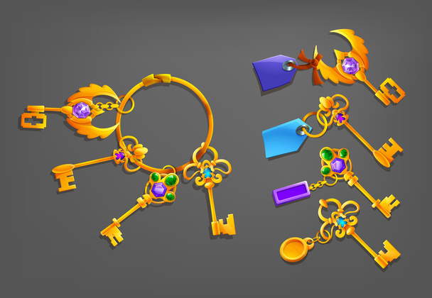 Golden cartoon keys with trinkets.  - Wektor, obraz