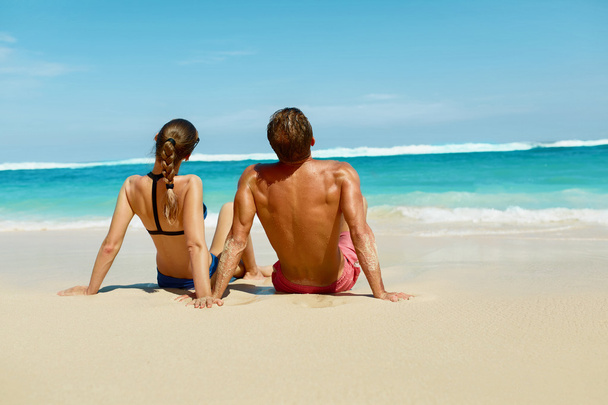 Couple On Beach In Summer. Romantic People On Sand At Resort - Photo, image