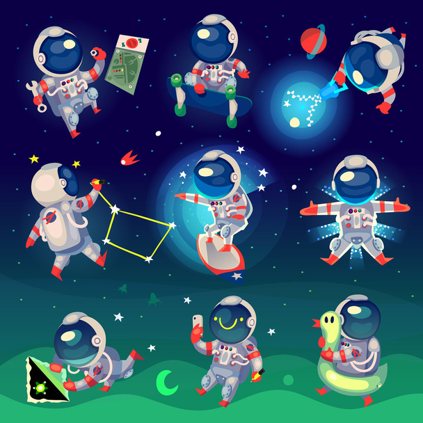 Σύνολο χαριτωμένο αστροναύτες στο διάστημα - Διάνυσμα, εικόνα