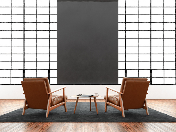 Moderne interieur studio loft groot panoramisch raam, natuurlijke kleur vloer. Generieke design meubels in de hedendaagse zakelijke Congreshal. Chillout lounge-zone. Lege zwarte poster vertakkend 3D-rendering. - Foto, afbeelding