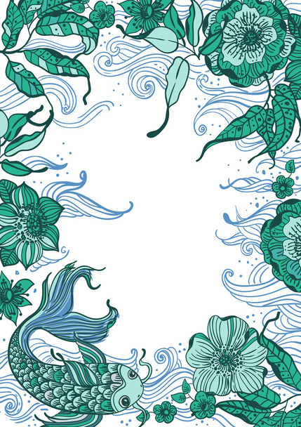 Stylish floral doodle background with koi fish and flowers - Vector, Image