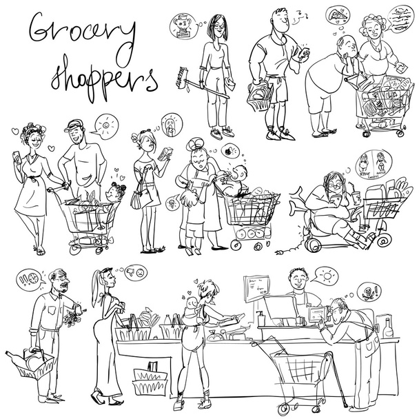 Conjunto de compradores de comestibles, bocetos a mano
 - Vector, Imagen