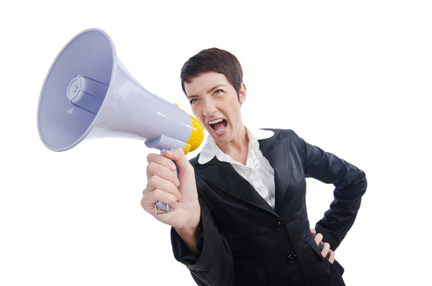 Jovem empresária gritando para alto-falante
 - Foto, Imagem
