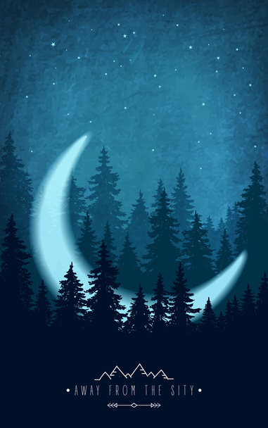 Silhouette of forest at night sky. Woodland scenery with crescent - Vector, Image