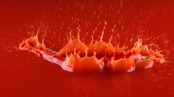 Red hot chili pepper hits surface of red sauce. Super slow motion video - Felvétel, videó