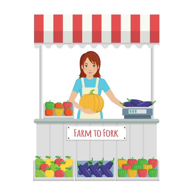 Farmer market stall with fruit and vegetables - Vector, Image