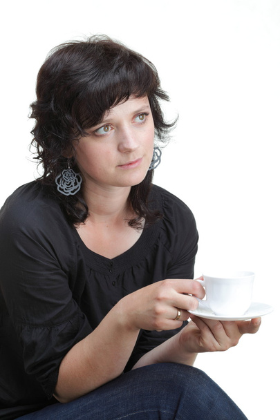 Woman holding a cup, isolated - Photo, Image