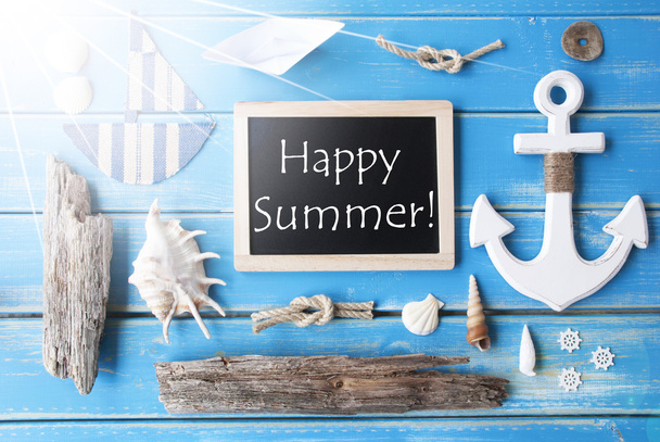 Sunny Nautic Chalkboard And Text Happy Summer - Φωτογραφία, εικόνα