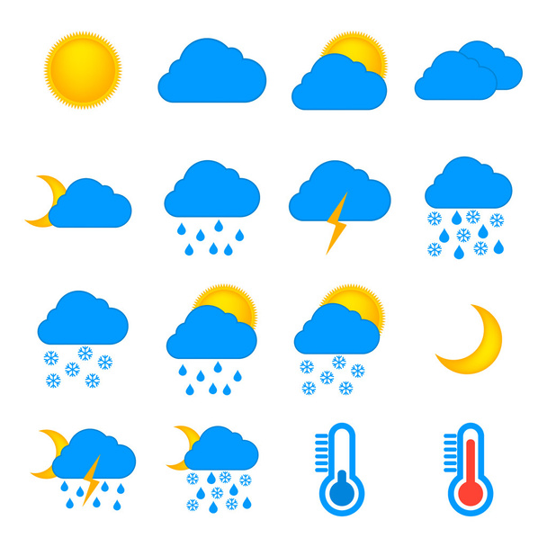 フラットな天気予報と気象学のシンボルのアイコンを設定します。 - ベクター画像