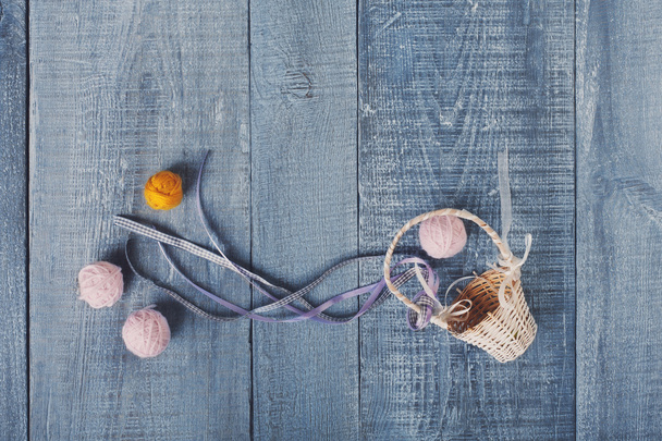 Yarn balls in basket. Knitting background top view - Photo, Image