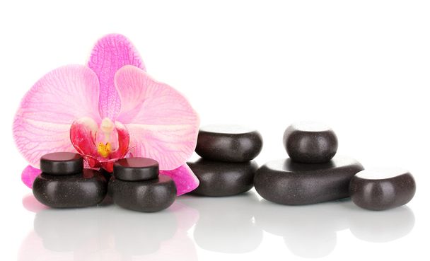 Spa stones with orchid flower isolated on white - Zdjęcie, obraz