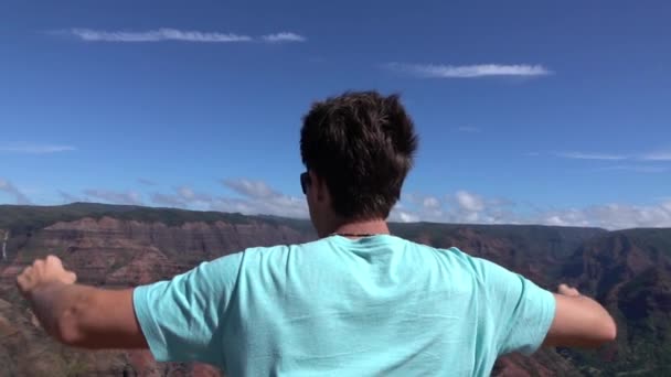Slow Motion: szczęśliwy człowiek na szczycie góry wyciągając ręce zwycięską - Materiał filmowy, wideo