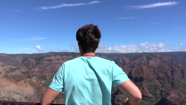 Pomalý pohyb: šťastný mladý muž na vrcholu hory hrdě pozvedl paže - Záběry, video