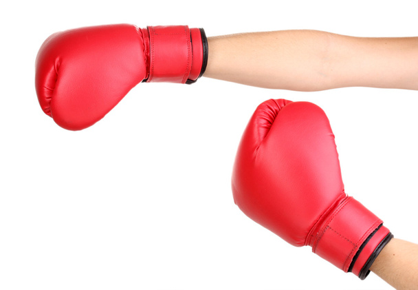 Red boxing gloves on hands isolated on white - Fotografie, Obrázek