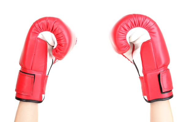 Red boxing gloves on hands isolated on white - Fotó, kép