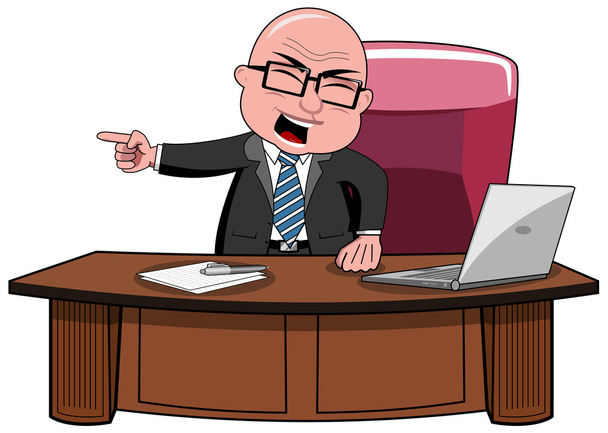 enojado calvo dibujos animados empresario jefe de pie en el escritorio gritando e intimidando salir de su oficina aislado
 - Vector, Imagen