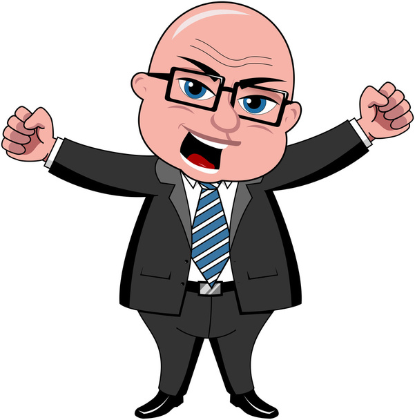 Homme d'affaires chauve furieux dessin animé debout avec les poings fermés isolé
 - Vecteur, image