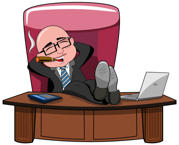 Χαλαρή φαλακρός γελοιογραφία επιχειρηματίας αφεντικό κάπνισμα πούρου και τα πόδια επάνω στο γραφείο απομονωθεί - Διάνυσμα, εικόνα