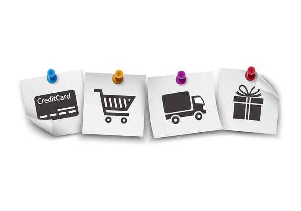 E-Commerce-Symbole auf weißem Papier mit bunten Stecknadeln - Vektor, Bild