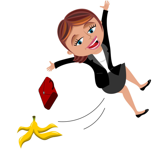 Geschäftsfrau rutscht auf Bananenschale aus - Vektor, Bild