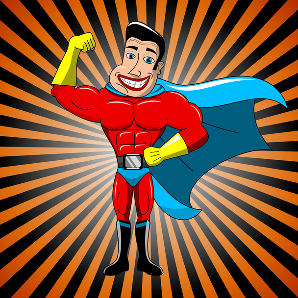 Feliz superhéroe de dibujos animados mostrando bíceps contra los rayos de fondo
 - Vector, imagen