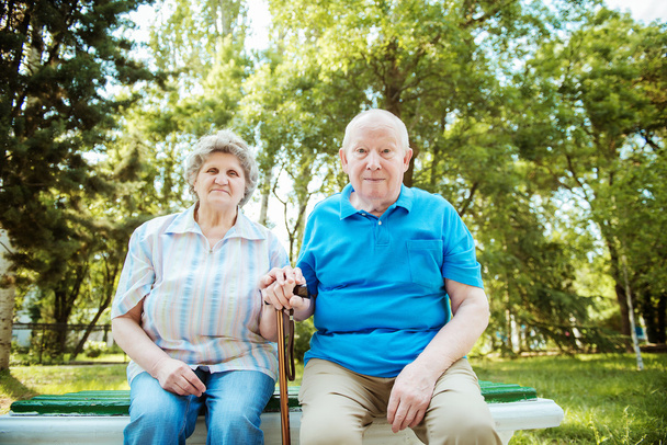 Elderly couple relaxing in the park, - 写真・画像