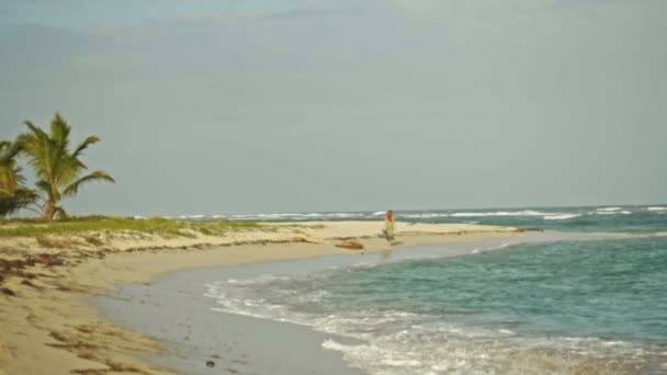 Νεαρή γυναίκα στο μακρύ φόρεμα κρατήστε ένα καπέλο και το περπάτημα κατά μήκος της θάλασσας, εξαιρετικά ευρυγώνιος, απομακρύνεται - Πλάνα, βίντεο