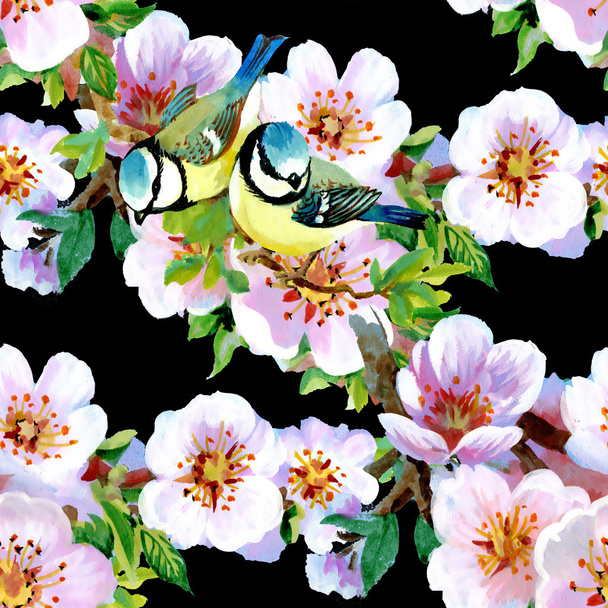 Beautiful spring flowers and birds pattern  - Фото, изображение