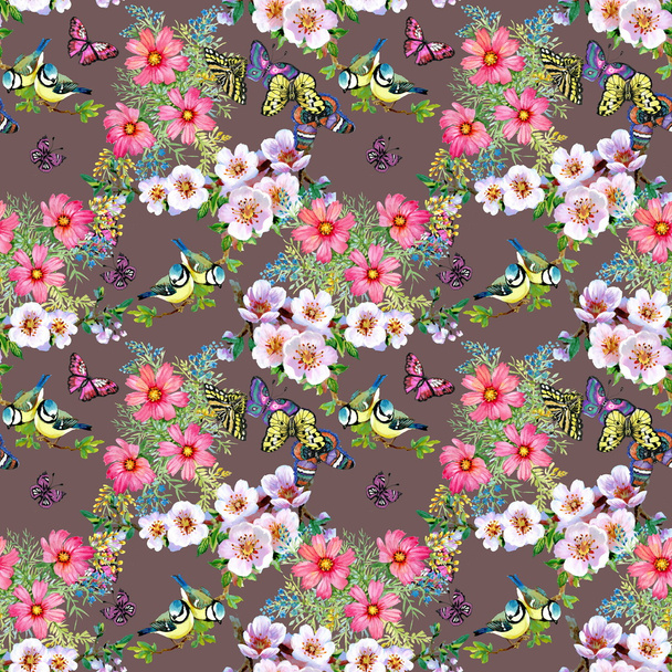 Beautiful flowers and birds pattern - Zdjęcie, obraz