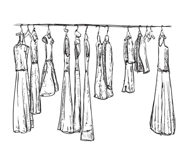 Hand drawn clothes on the hangers - Вектор,изображение