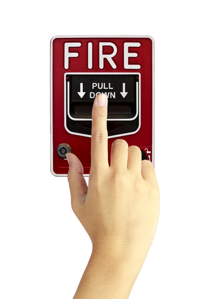 Hand drückt Brandmeldeschalter - Foto, Bild