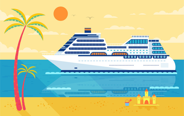 ilustracja statku wycieczkowego na białym tle, widok z boku, w pobliżu plaży, palmy - Wektor, obraz