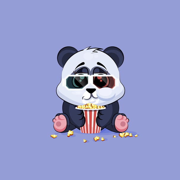 Иллюстрация Эмодзи персонаж мультфильм Панда жевать попкорн, смотреть фильм в 3D очки наклейка смайлик
 - Вектор,изображение