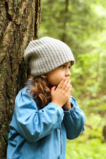 Little girl in a blue cloak, lost in the woods. - Foto, Imagem