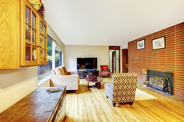 Classic living room with fireplace, hardwood floor and cabinets - Zdjęcie, obraz
