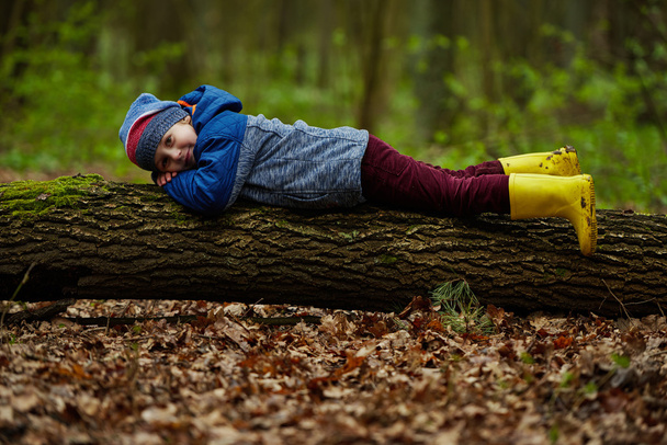 little funny boy on big log - Foto, afbeelding