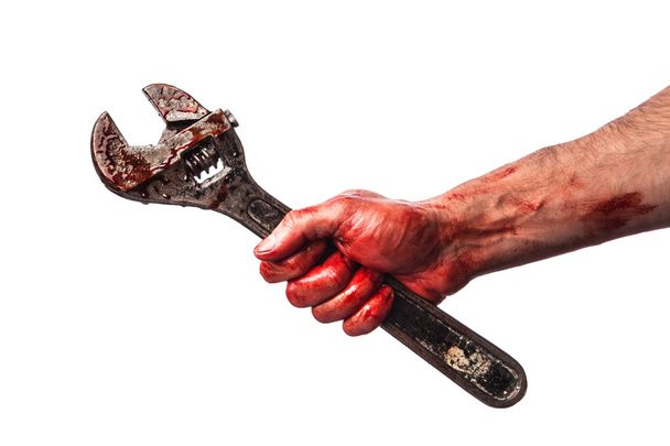 Male hand with bloody wrench - Zdjęcie, obraz